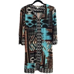 Boho Southwestern Aztec Print Dress S Turquoise Bell Sleeve Signature Camryn